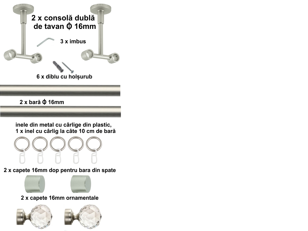Galerie metalica Cristal dubla de tavan 16 mm, satin nichel (argintiu mat) - imagine 2