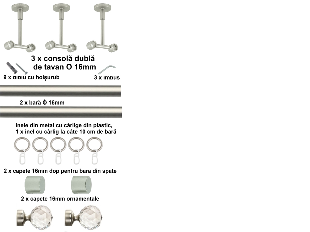 Galerie metalica Cristal dubla de tavan 16 mm, satin nichel (argintiu mat) - imagine 5