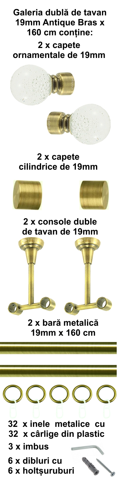 Galerie metalica Buble dubla de tavan 19 mm, antique brass (auriu antic) - imagine 2
