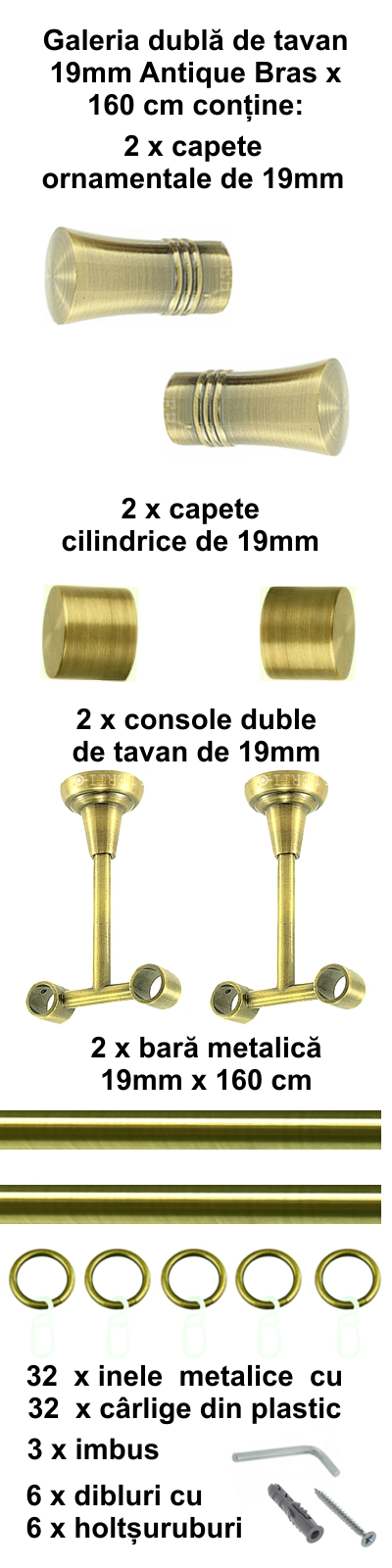 Galerie metalica Capri dubla de tavan 19 mm, antique brass (auriu antic) - imagine 2