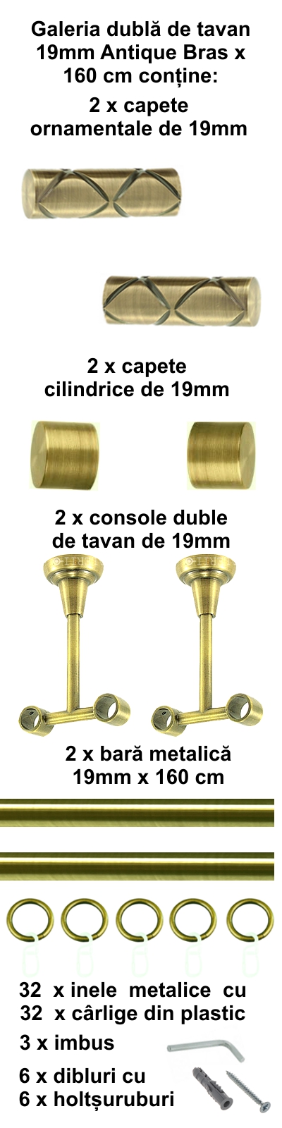 Galerie metalica Ciel dubla de tavan 19 mm, antique brass (auriu antic) - imagine 2