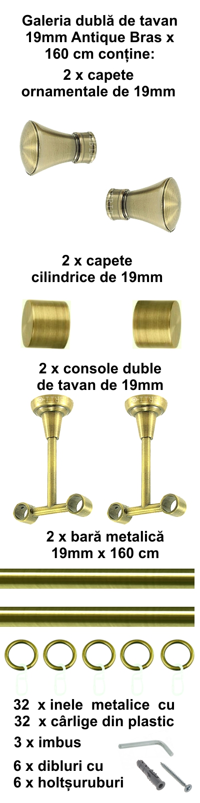 Galerie metalica Conic dubla de tavan 19 mm, antique brass (auriu antic) - imagine 2
