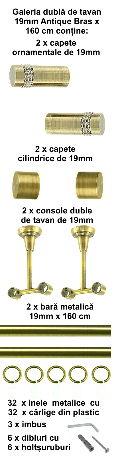 Galerie metalica Dios dubla de tavan 19 mm, antique brass (auriu antic) - imagine 2