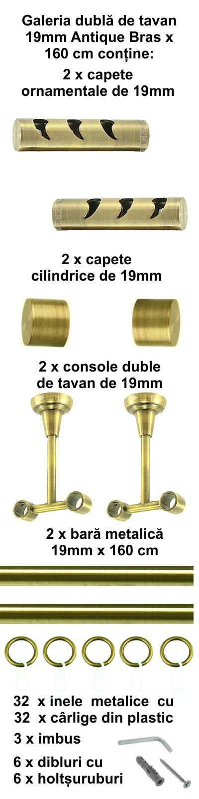 Galerie metalica Drop dubla de tavan 19 mm, antique brass (auriu antic) - imagine 2