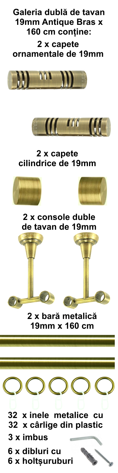 Galerie metalica Elis dubla de tavan 19 mm, antique brass (auriu antic) - imagine 2