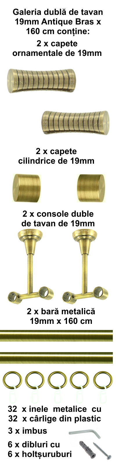 Galerie metalica Febris dubla de tavan 19 mm, antique brass (auriu antic) - imagine 2