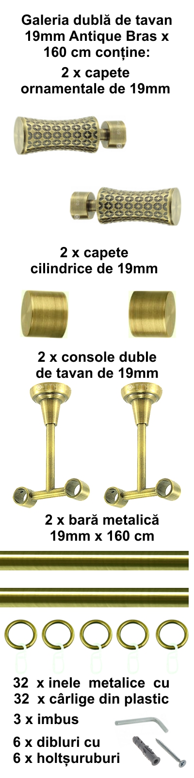 Galerie metalica Jaris dubla de tavan 19 mm, antique brass (auriu antic) - imagine 2