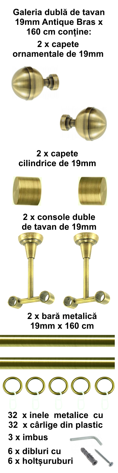 Galerie metalica Kalisto dubla de tavan 19 mm, antique brass (auriu antic) - imagine 5