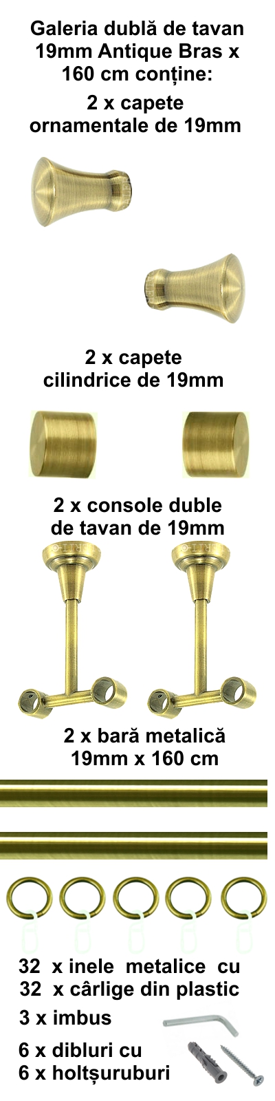 Galerie metalica Monaco dubla de tavan 19 mm, antique brass (auriu antic) - imagine 2