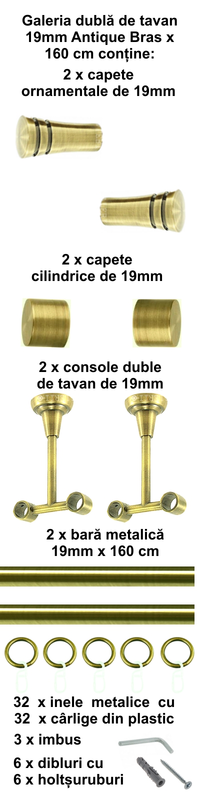 Galerie metalica Paola dubla de tavan 19 mm, antique brass (auriu antic) - imagine 2