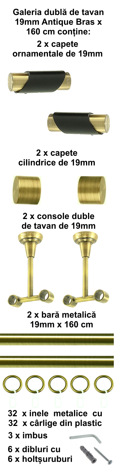 Galerie metalica Paris dubla de tavan 19 mm, antique brass (auriu antic) - imagine 2