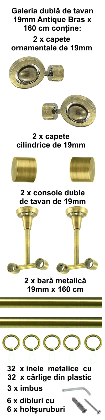 Galerie metalica Seti dubla de tavan 19 mm, antique brass (auriu antic) - imagine 2