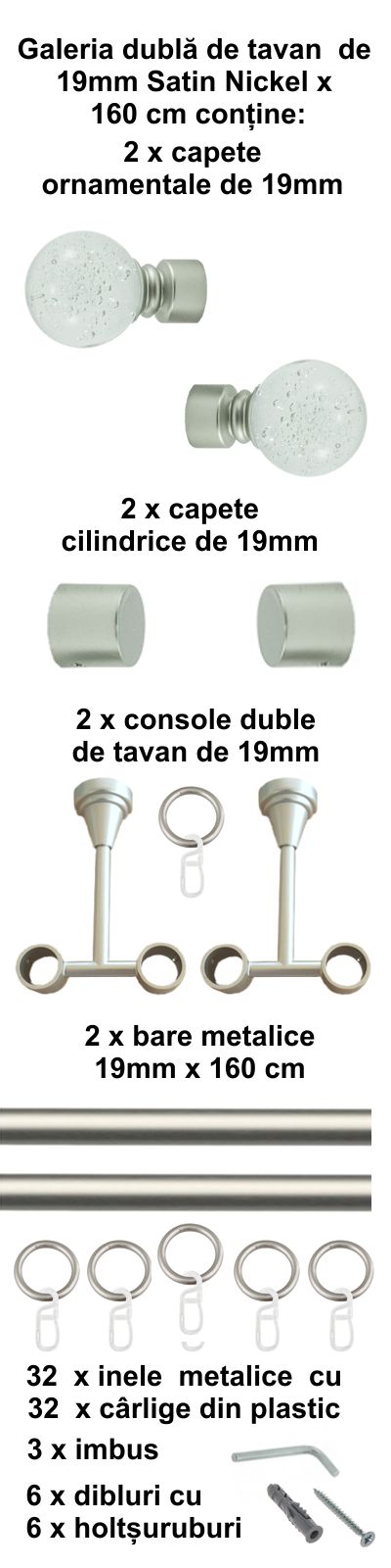Galerie metalica Buble dubla de tavan 19 mm, satin nichel (argintiu mat) - imagine 2