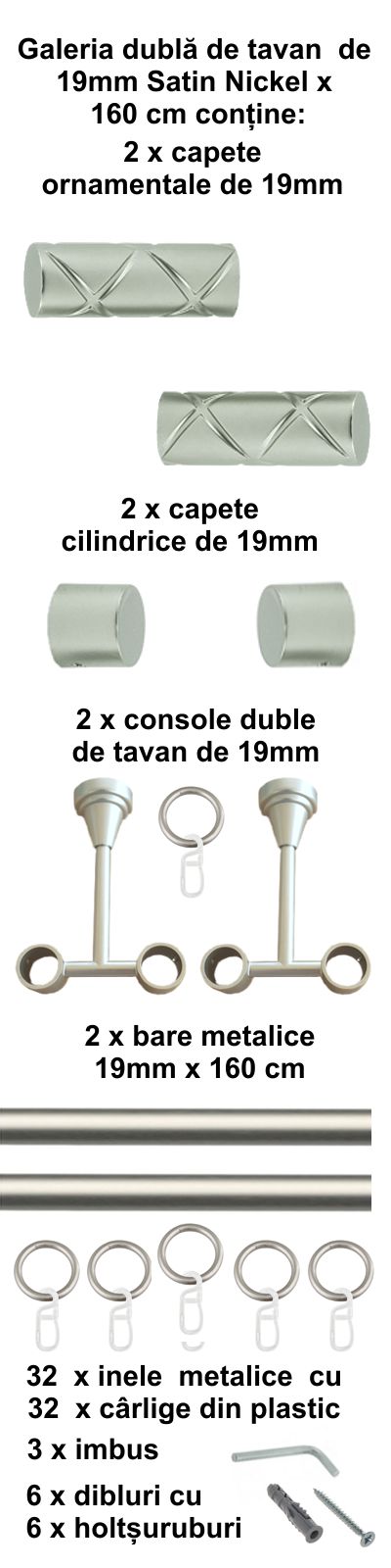 Galerie metalica Ciel dubla de tavan 19 mm, satin nichel (argintiu mat) - imagine 2