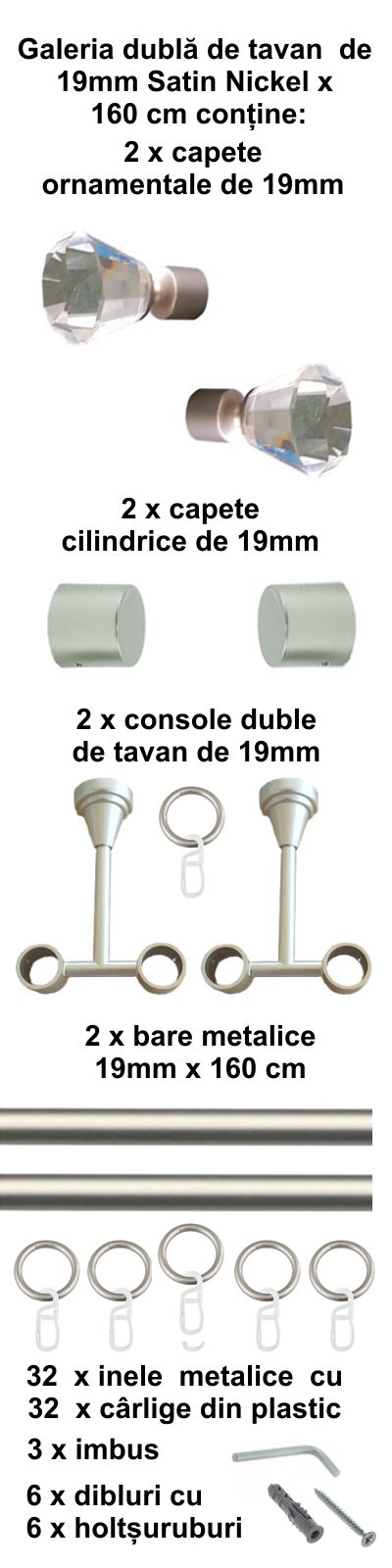 Galerie metalica Cristal dubla de tavan 19 mm, satin nichel (argintiu mat) - imagine 2