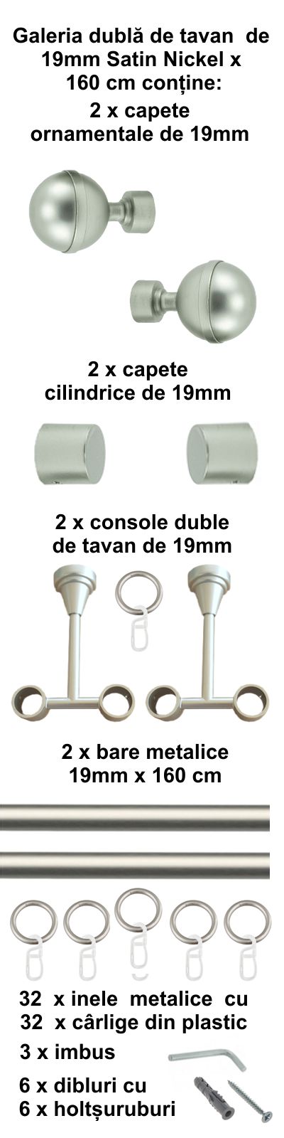 Galerie metalica Kalisto dubla de tavan 19 mm, satin nichel (argintiu mat) - imagine 2