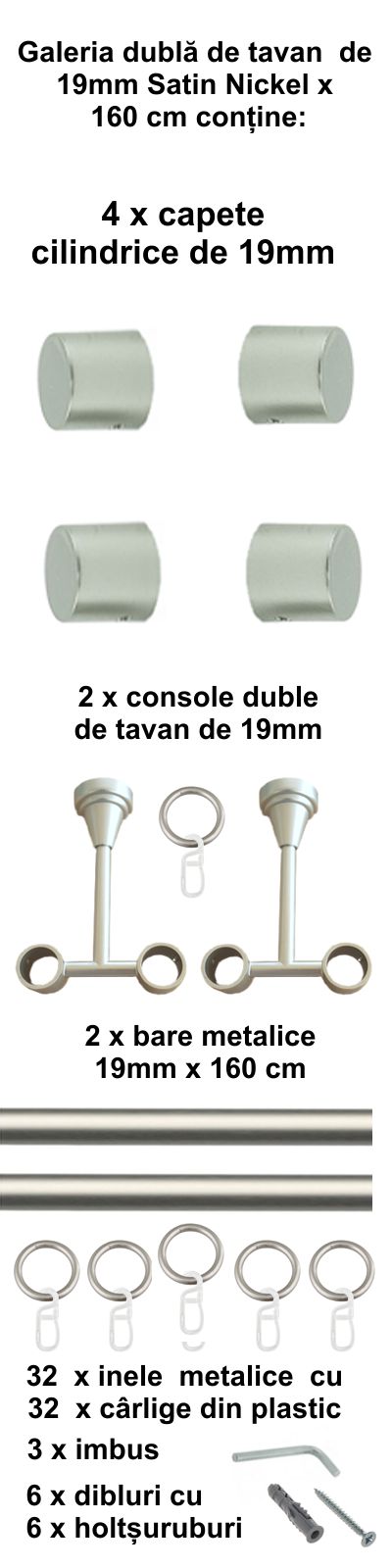 Galerie metalica Luna dubla de tavan 19 mm, satin nichel (argintiu mat) - imagine 2