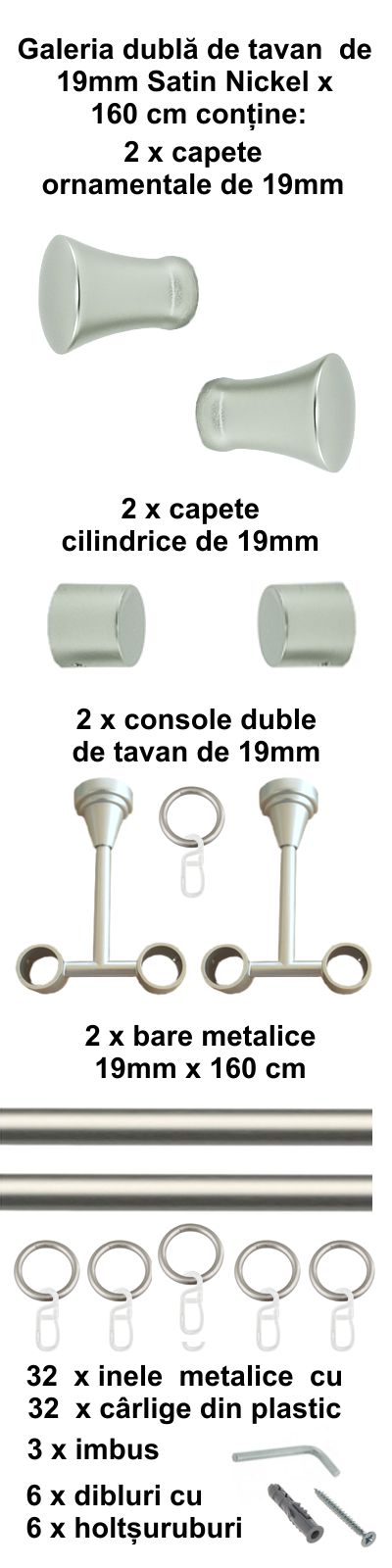 Galerie metalica Monaco dubla de tavan 19 mm, satin nichel (argintiu mat) - imagine 2