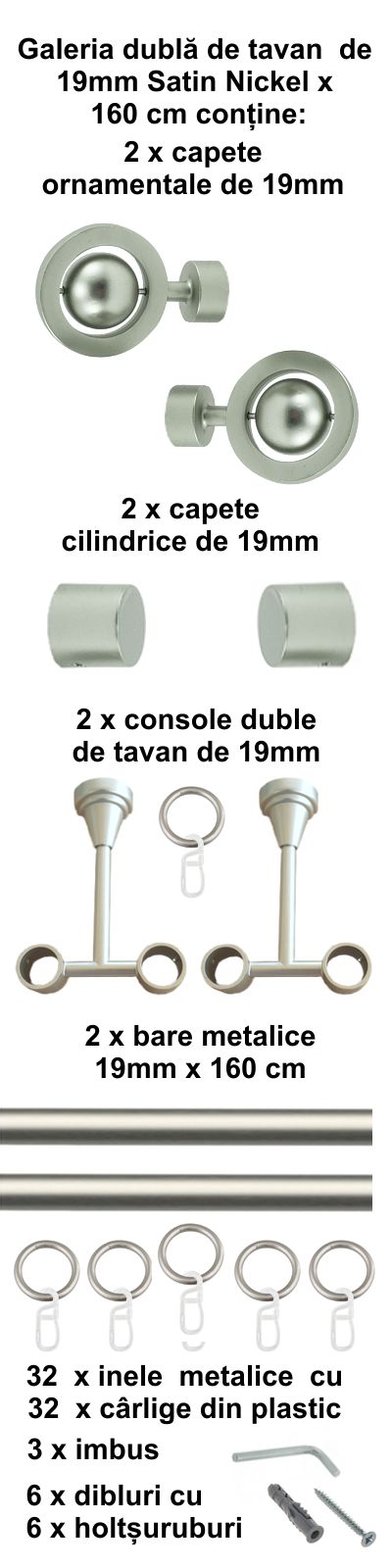 Galerie metalica Seti dubla de tavan 19 mm, satin nichel (argintiu mat) - imagine 2