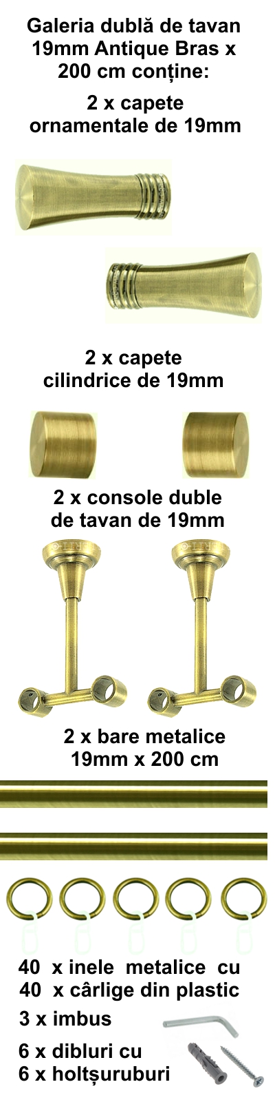 Galerie metalica Ahile dubla de tavan 19 mm, antique brass (auriu antic) - imagine 3