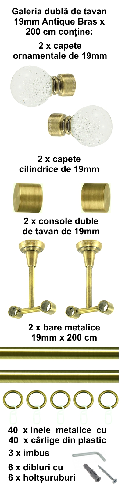 Galerie metalica Buble dubla de tavan 19 mm, antique brass (auriu antic) - imagine 3