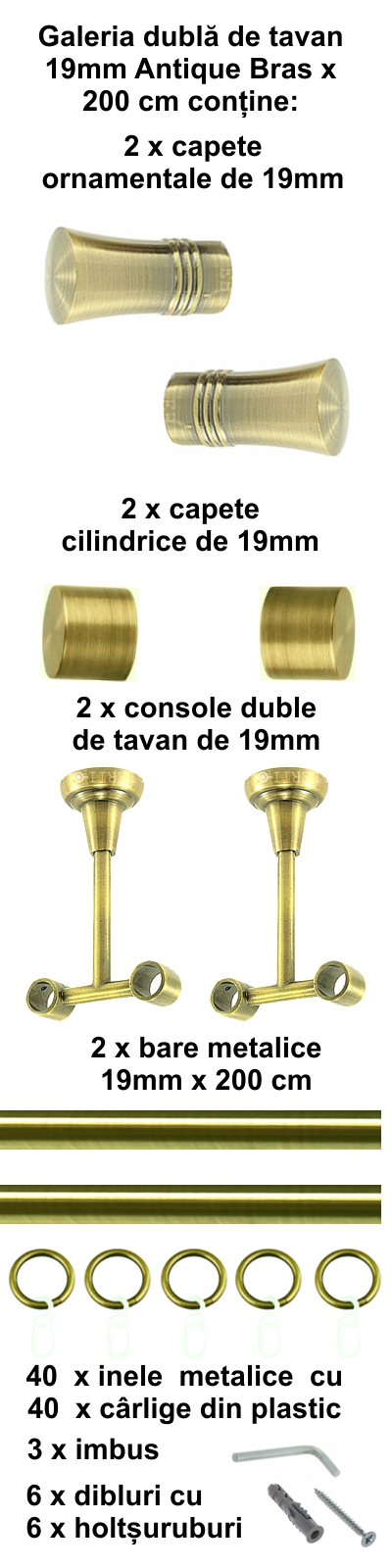Galerie metalica Capri dubla de tavan 19 mm, antique brass (auriu antic) - imagine 3