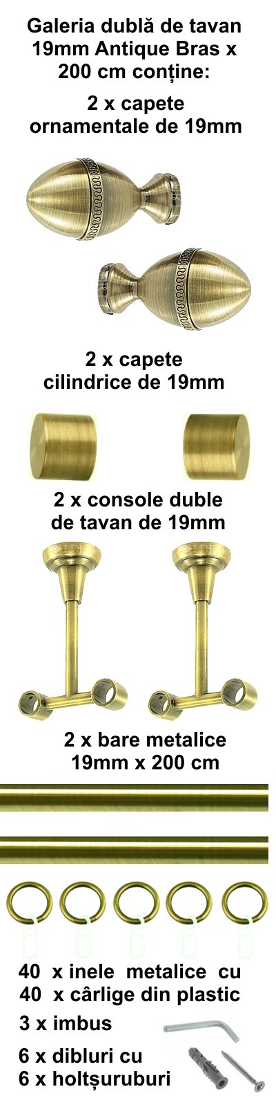 Galerie metalica Cezar dubla de tavan 19 mm, antique brass (auriu antic) - imagine 3