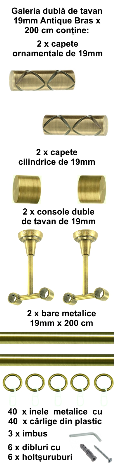Galerie metalica Ciel dubla de tavan 19 mm, antique brass (auriu antic) - imagine 3