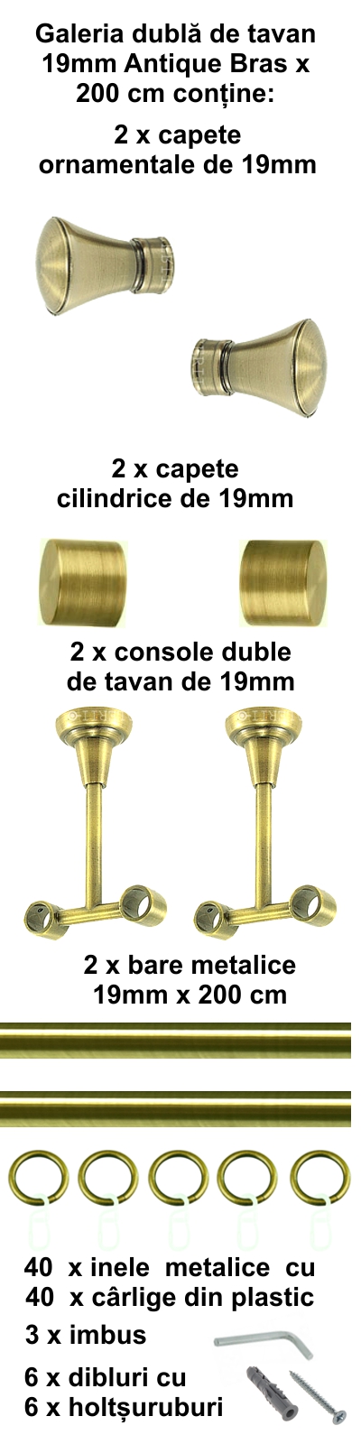 Galerie metalica Conic dubla de tavan 19 mm, antique brass (auriu antic) - imagine 3