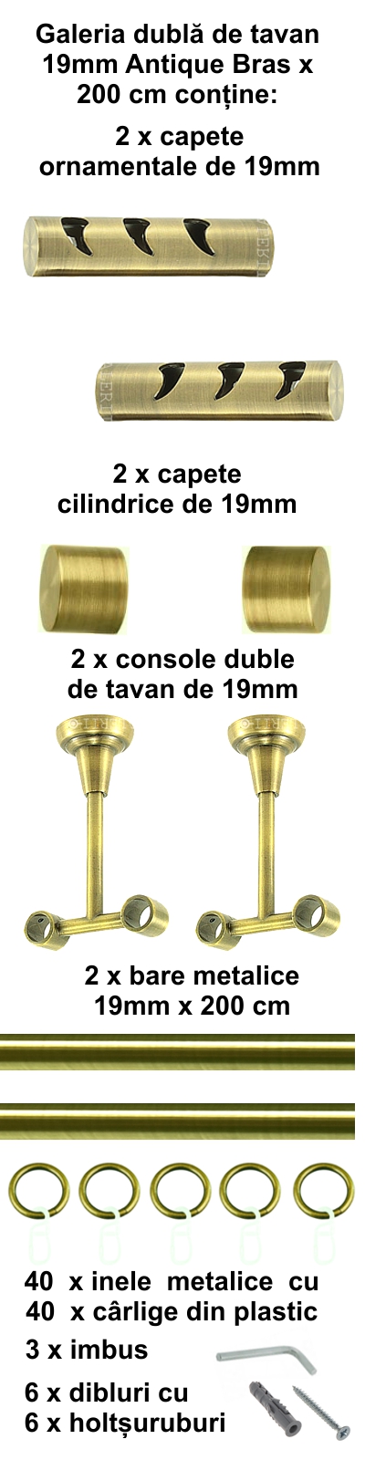 Galerie metalica Drop dubla de tavan 19 mm, antique brass (auriu antic) - imagine 3