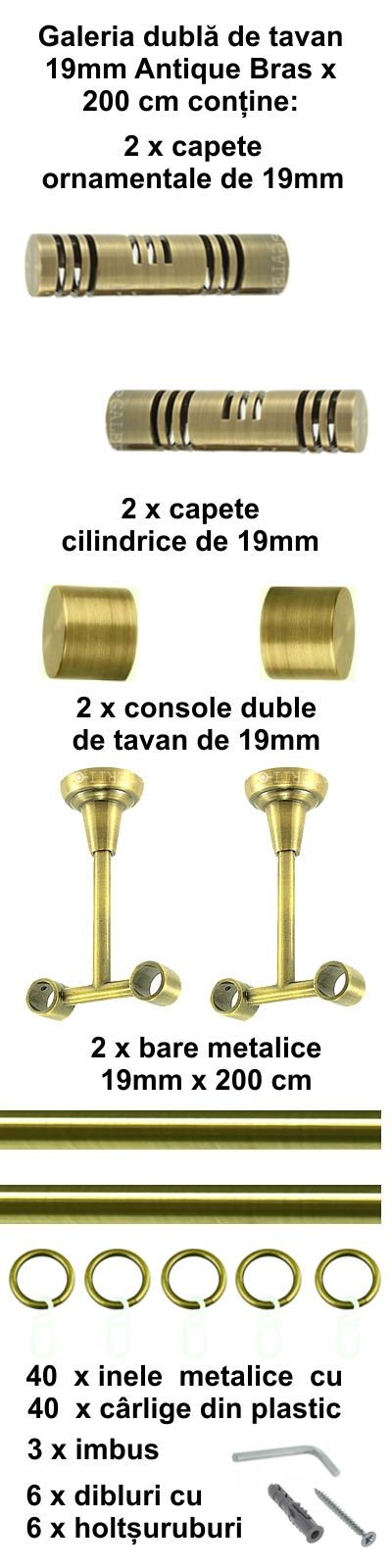 Galerie metalica Elis dubla de tavan 19 mm, antique brass (auriu antic) - imagine 3