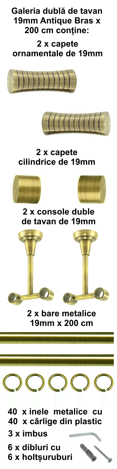 Galerie metalica Febris dubla de tavan 19 mm, antique brass (auriu antic) - imagine 3