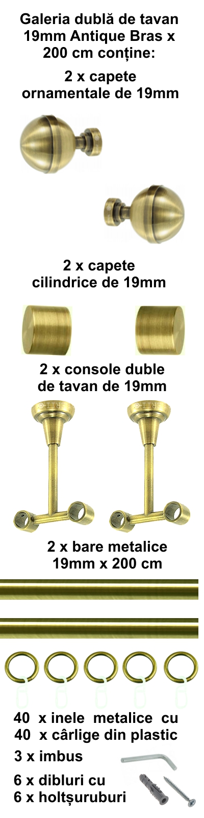 Galerie metalica Kalisto dubla de tavan 19 mm, antique brass (auriu antic) - imagine 3