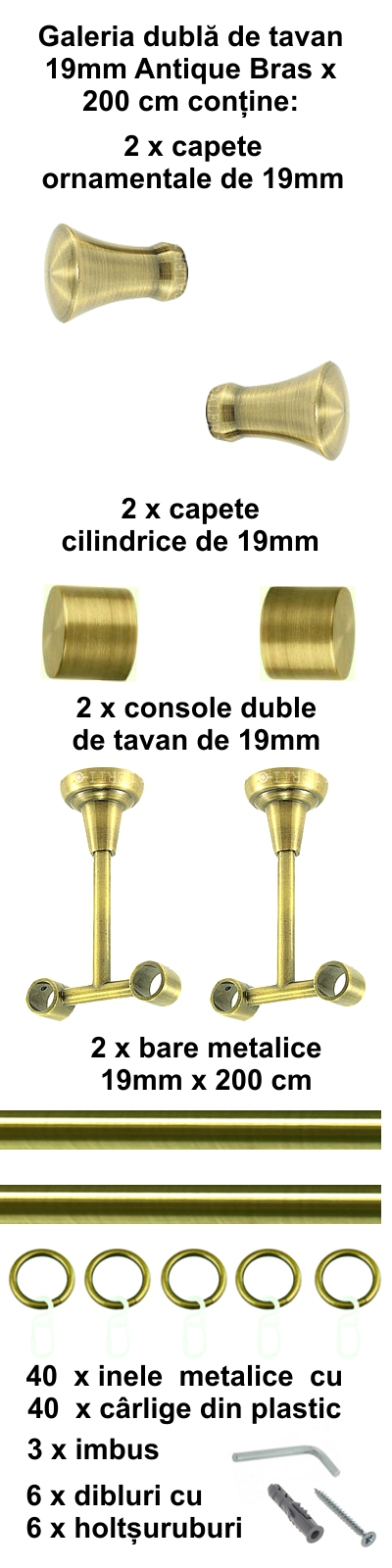 Galerie metalica Monaco dubla de tavan 19 mm, antique brass (auriu antic) - imagine 3