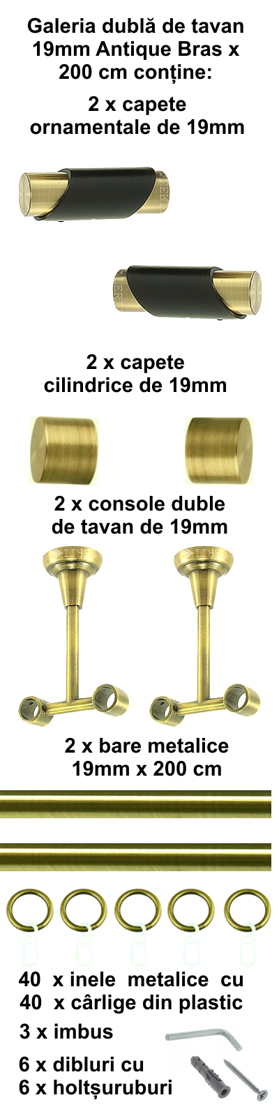 Galerie metalica Paris dubla de tavan 19 mm, antique brass (auriu antic) - imagine 3