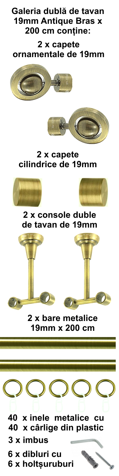Galerie metalica Seti dubla de tavan 19 mm, antique brass (auriu antic) - imagine 4