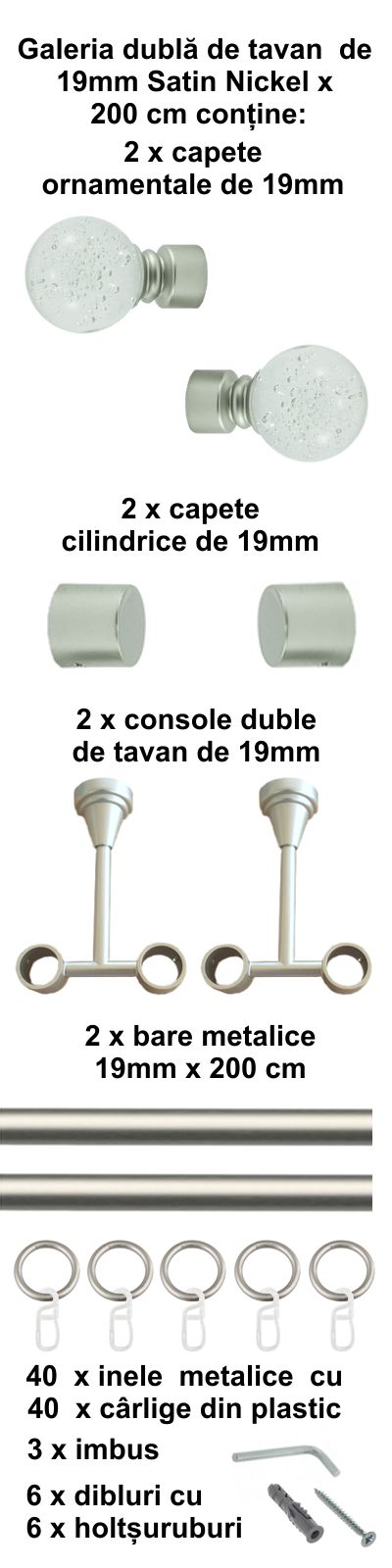 Galerie metalica Buble dubla de tavan 19 mm, satin nichel (argintiu mat) - imagine 4