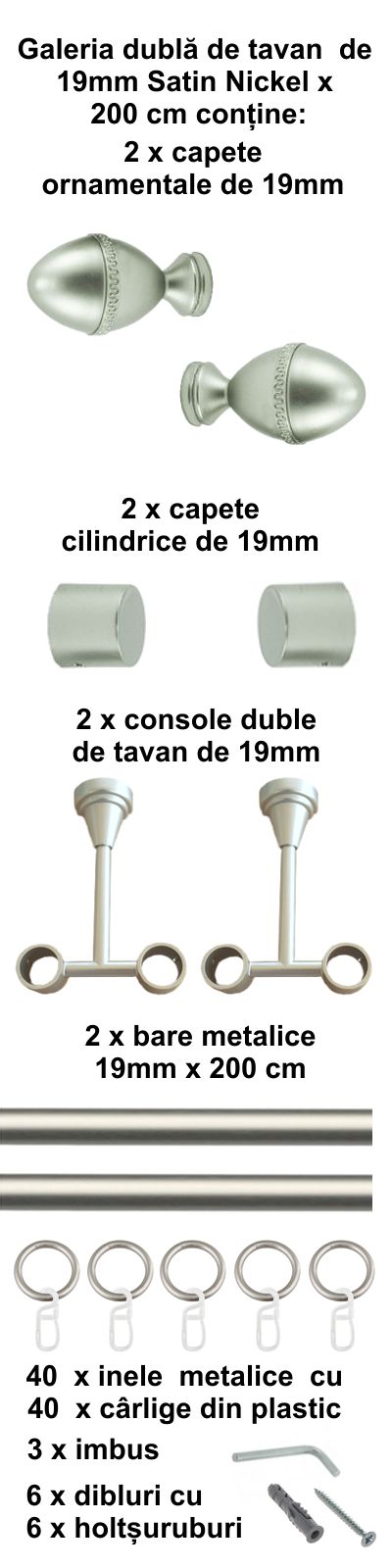 Galerie metalica Cezar dubla de tavan 19 mm, satin nichel (argintiu mat) - imagine 4
