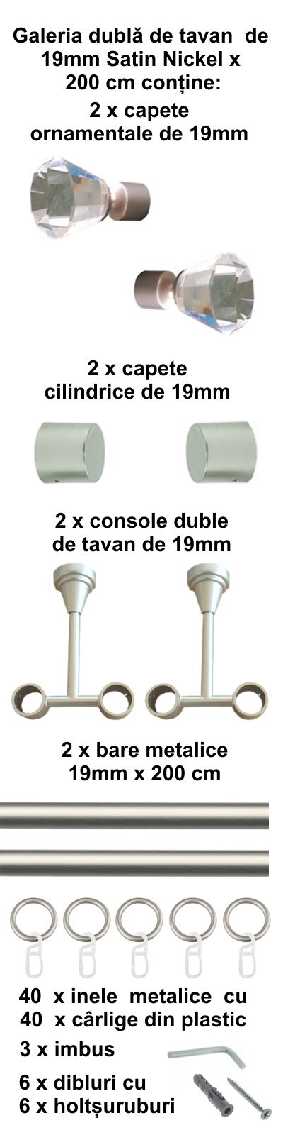 Galerie metalica Cristal dubla de tavan 19 mm, satin nichel (argintiu mat) - imagine 4