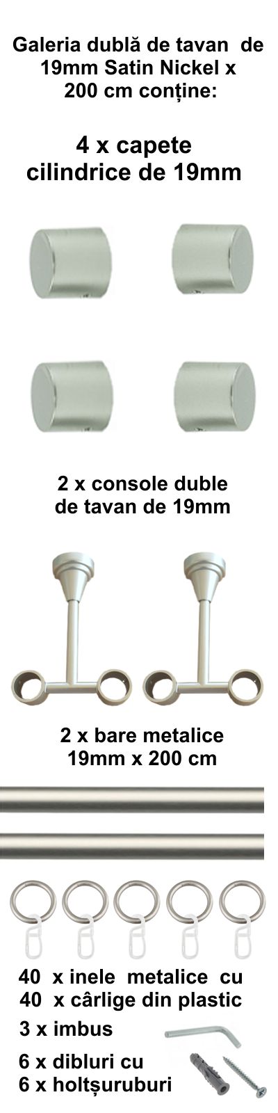 Galerie metalica Luna dubla de tavan 19 mm, satin nichel (argintiu mat) - imagine 4