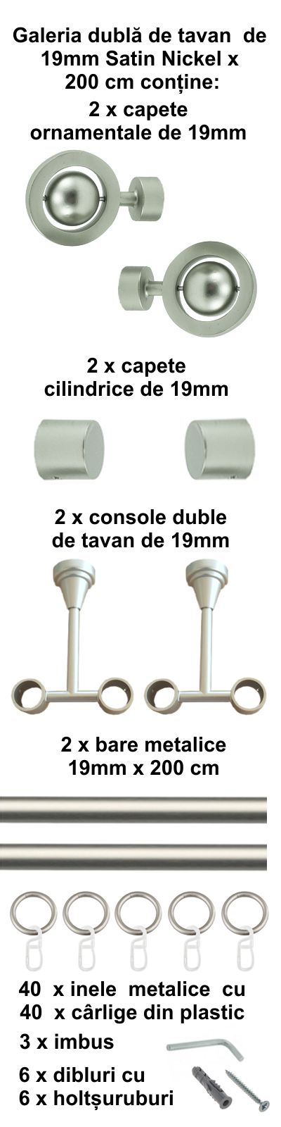 Galerie metalica Seti dubla de tavan 19 mm, satin nichel (argintiu mat) - imagine 4