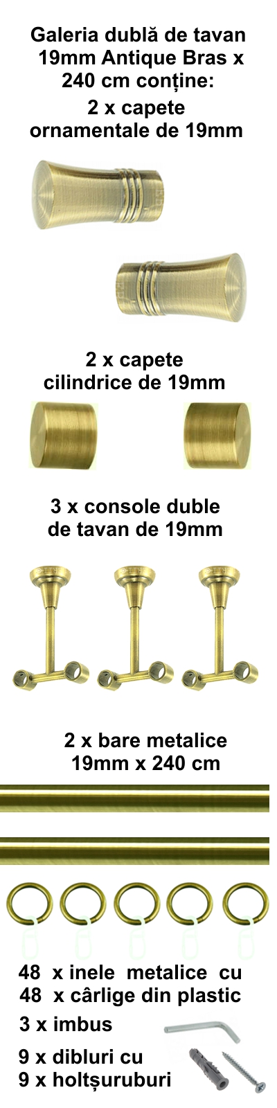 Galerie metalica Capri dubla de tavan 19 mm, antique brass (auriu antic) - imagine 4