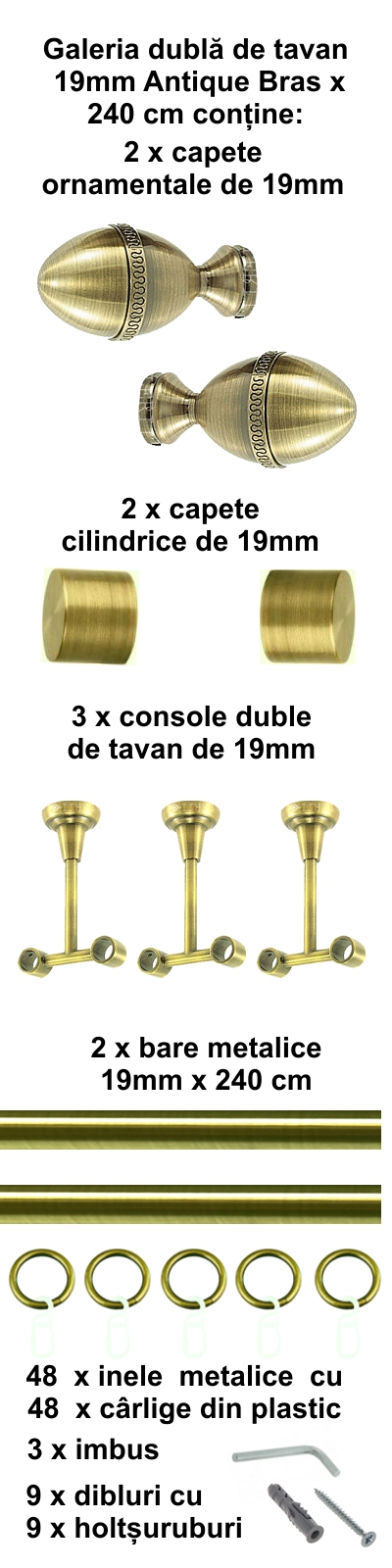 Galerie metalica Cezar dubla de tavan 19 mm, antique brass (auriu antic) - imagine 4
