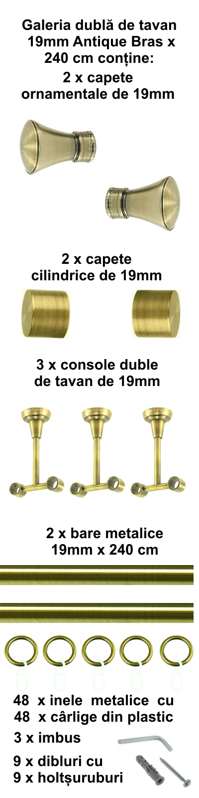 Galerie metalica Conic dubla de tavan 19 mm, antique brass (auriu antic) - imagine 4