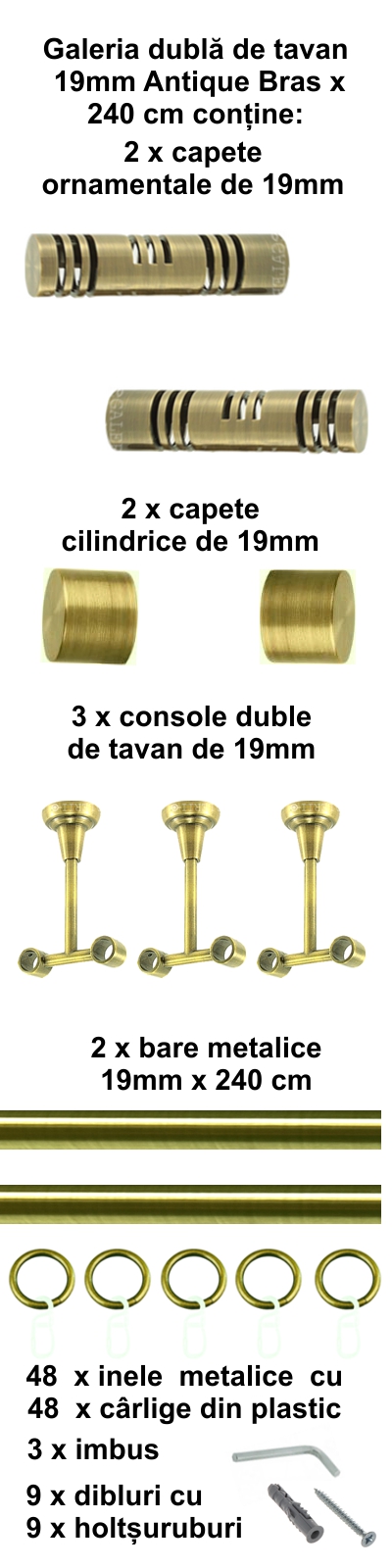 Galerie metalica Elis dubla de tavan 19 mm, antique brass (auriu antic) - imagine 4