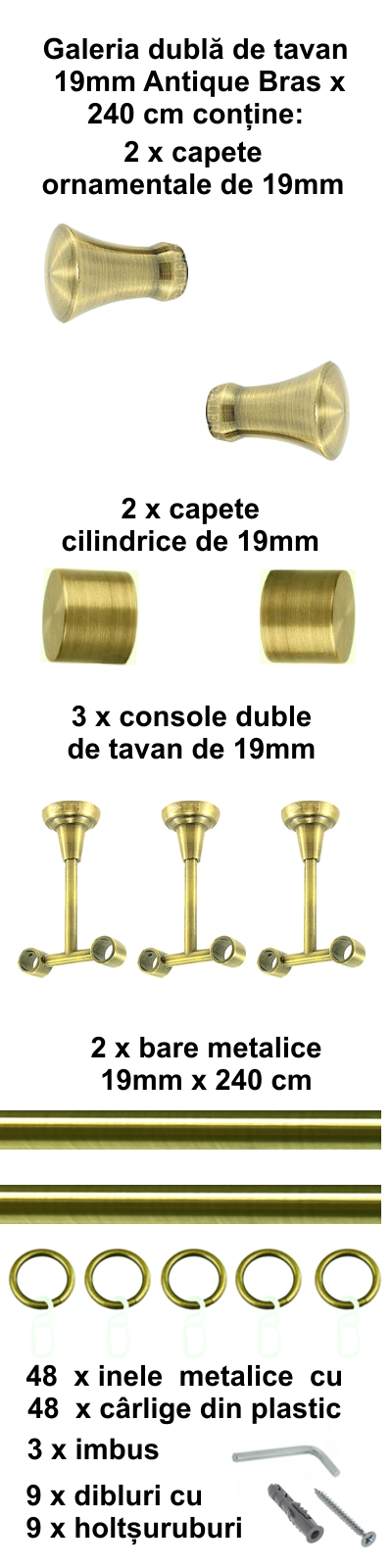 Galerie metalica Monaco dubla de tavan 19 mm, antique brass (auriu antic) - imagine 4