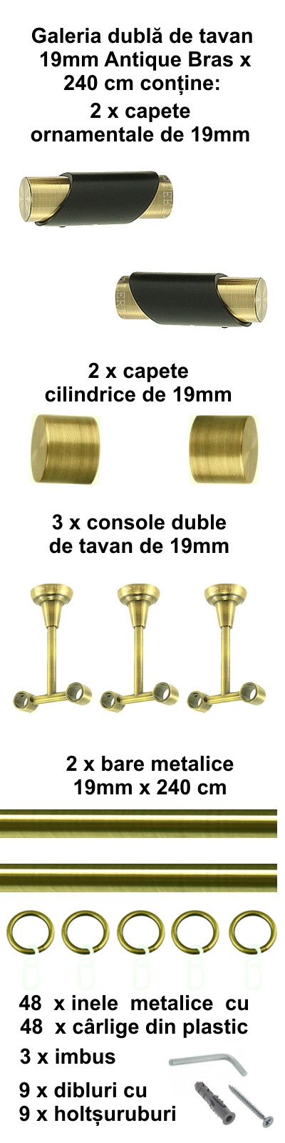 Galerie metalica Paris dubla de tavan 19 mm, antique brass (auriu antic) - imagine 4