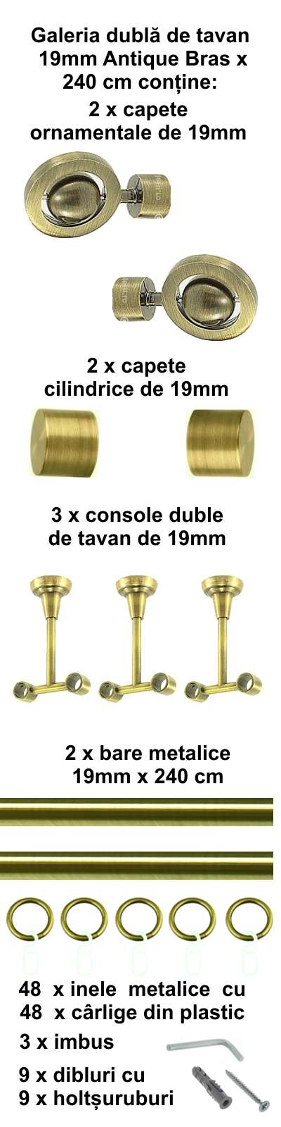 Galerie metalica Seti dubla de tavan 19 mm, antique brass (auriu antic) - imagine 5