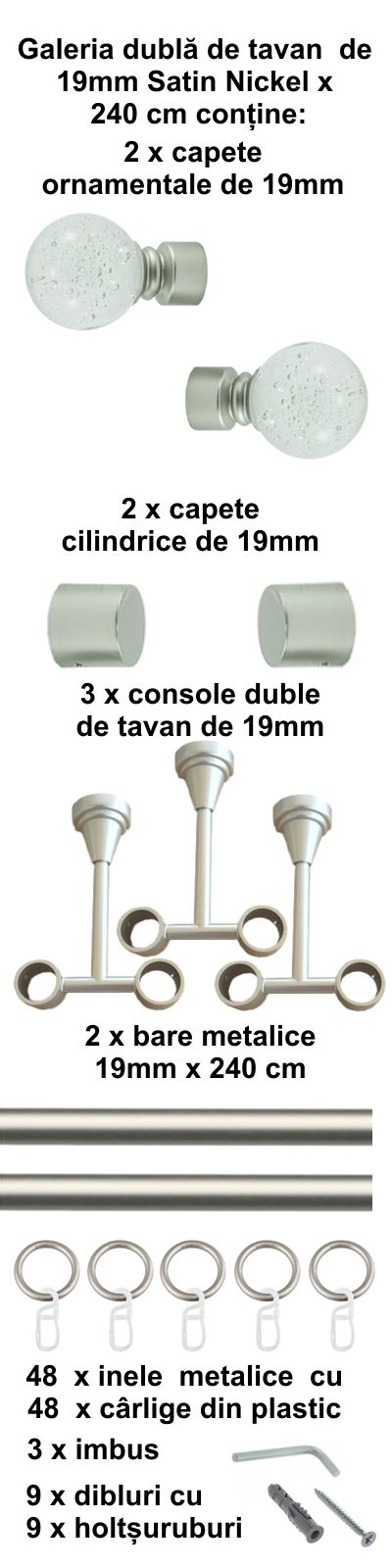 Galerie metalica Buble dubla de tavan 19 mm, satin nichel (argintiu mat) - imagine 5