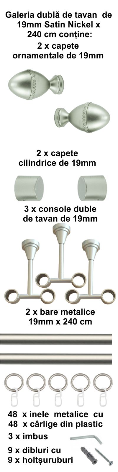 Galerie metalica Cezar dubla de tavan 19 mm, satin nichel (argintiu mat) - imagine 5